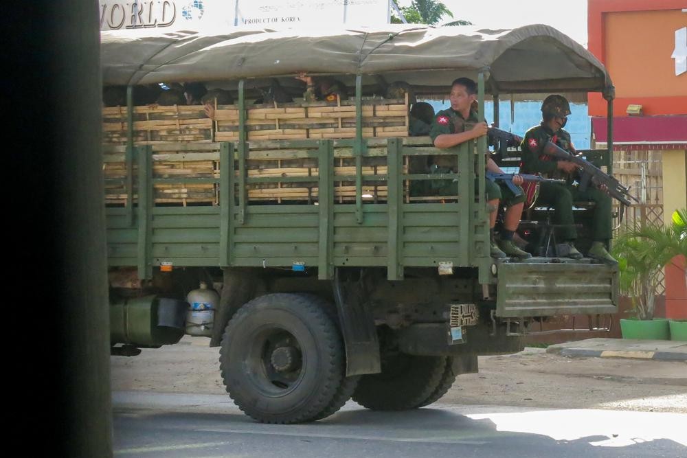 Military troops and police go on patrol at Kayah state, eastern Myanmar. At least one-quarter of the people in Myanmar's smallest state have been forced to flee their homes because of combat with the military junta that seized power in February, raising fears of a possible humanitarian tragedy including thousands of civilian deaths, a U.N. expert said Wednesday, June 9. (AP File Photo)